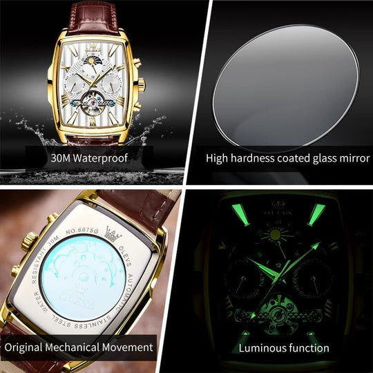 OLEVS Mens Automatic Watches Skeleton Retro Rectangle Tonneau Business Dress Leather Wrist Watch Moon Phase Luminous Waterproof