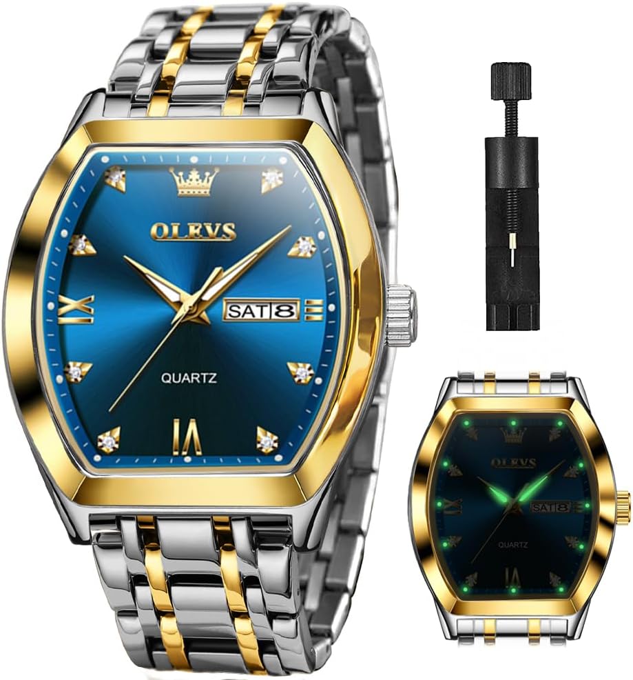 Men Watches Square Business Dress Diamond Analog Quartz Date Luxury Watch for Men Casual Stainless Steel Waterproof Luminous Two Tone Wrist Watch