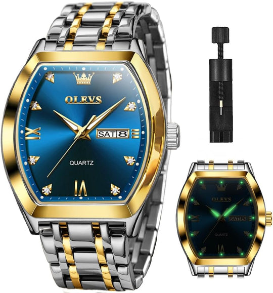 Men Watches Square Business Dress Diamond Analog Quartz Date Luxury Watch for Men Casual Stainless Steel Waterproof Luminous Two Tone Wrist Watch