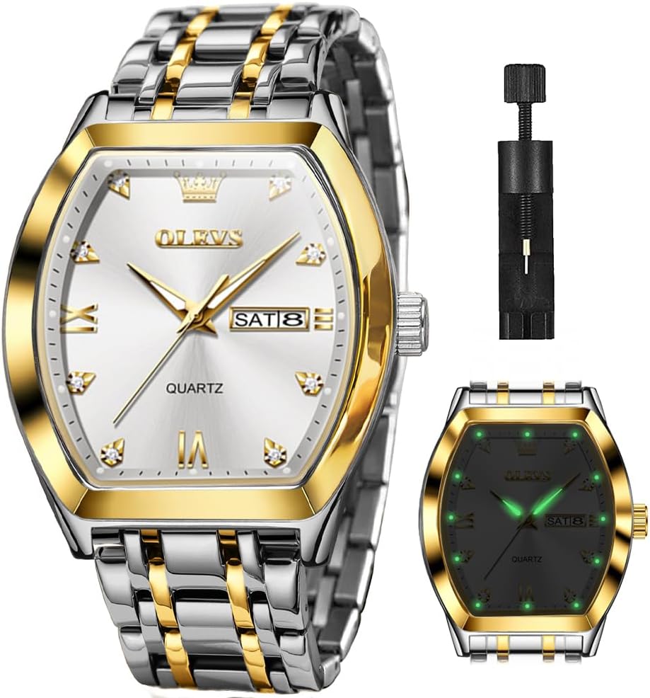 Men Watches Square Business Dress Diamond Analog Quartz Date Luxury Watch for Men Casual Stainless Steel Waterproof Luminous Two Tone Wrist Watch