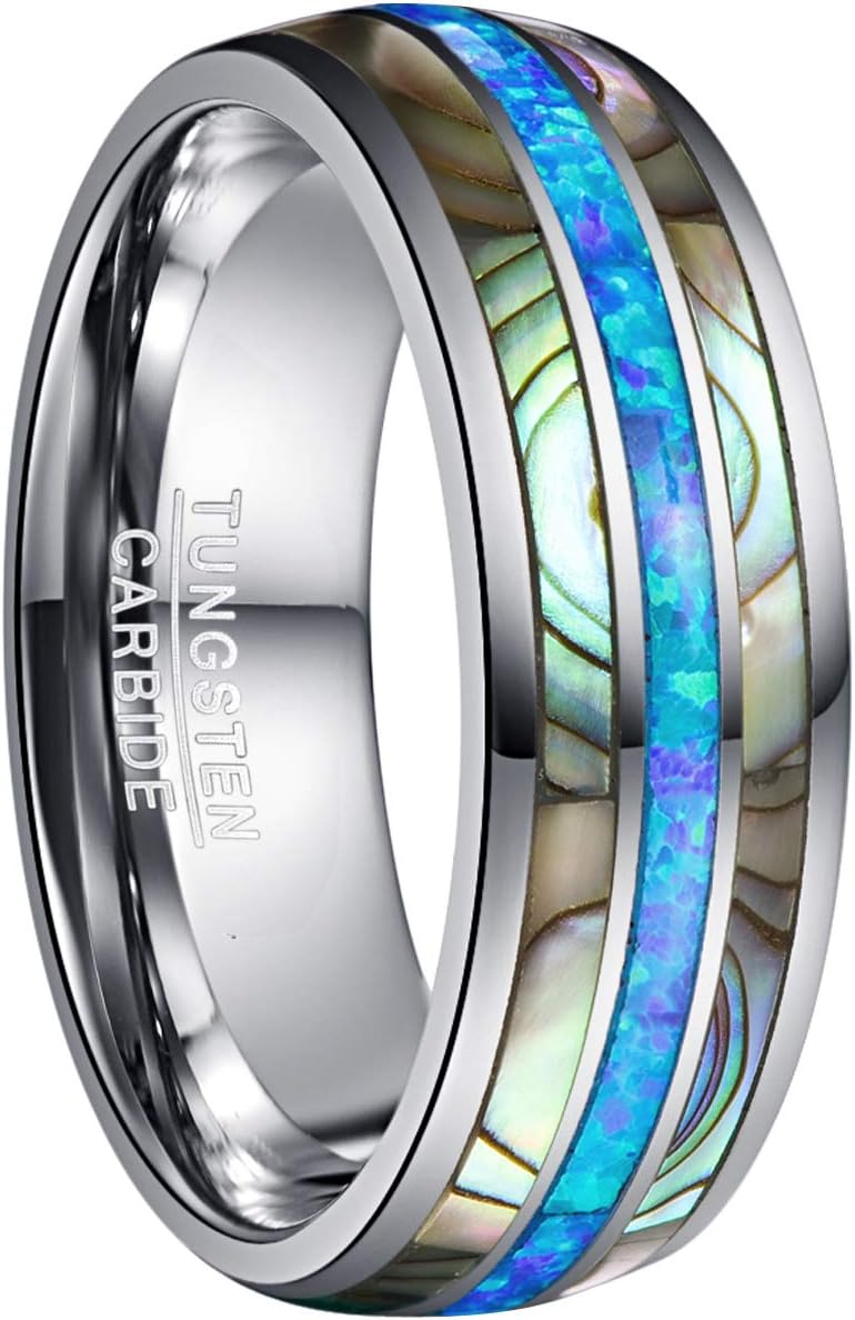 Mens Real Blue/Green Opal and Abalone Tungsten Ring