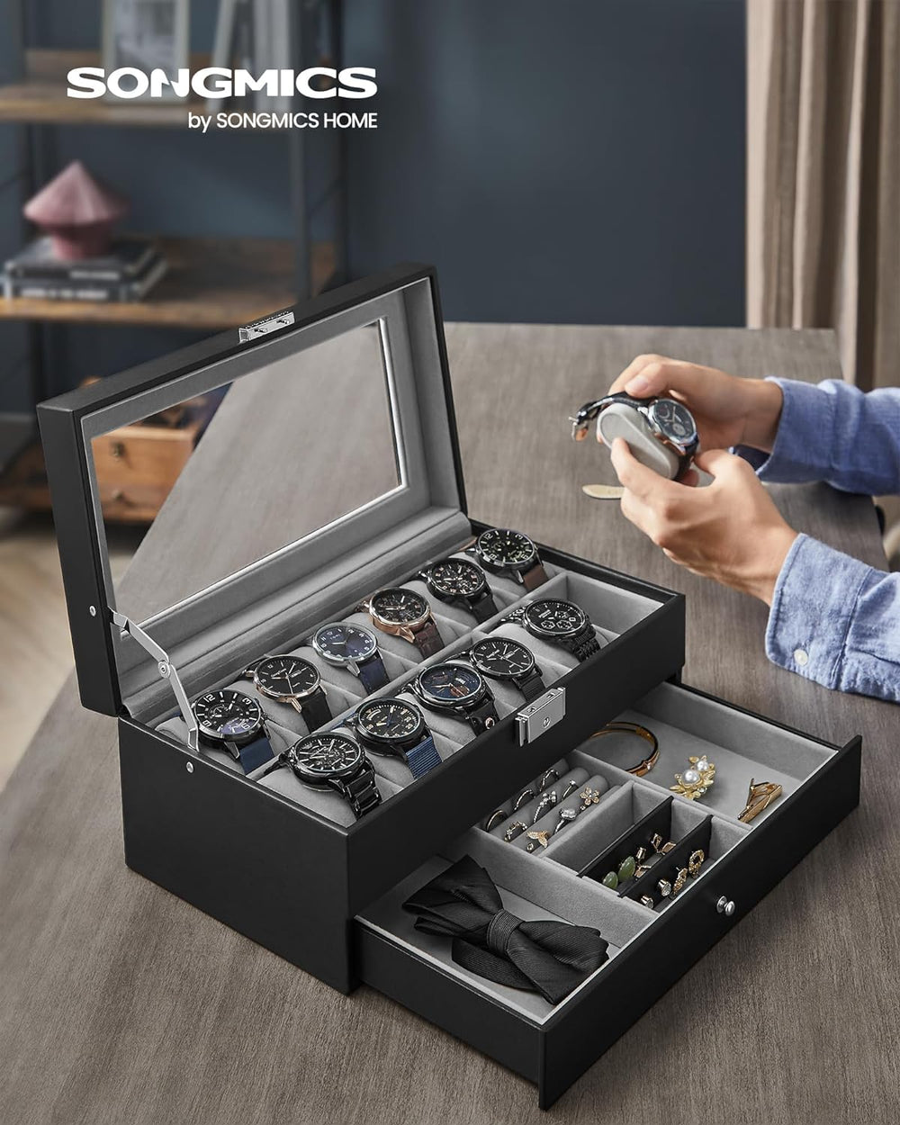 12-Slot Watch Box, Lockable Watch Case with Glass Lid, 2 Layers, with 1 Drawer for Rings, Bracelets, Gift Idea, Black Synthetic Leather, Gray Lining UJWB012