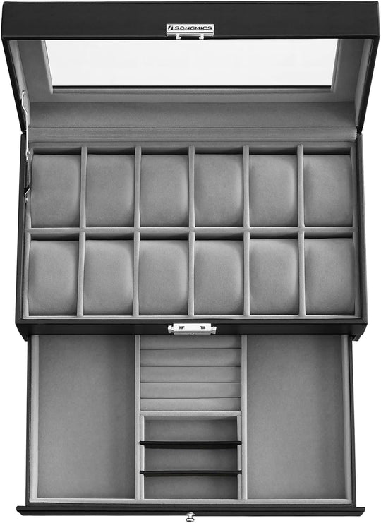 12-Slot Watch Box, Lockable Watch Case with Glass Lid, 2 Layers, with 1 Drawer for Rings, Bracelets, Gift Idea, Black Synthetic Leather, Gray Lining UJWB012