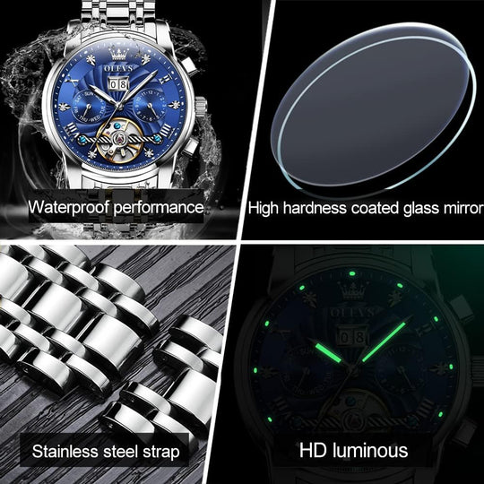 Men Automatic Watch Skeleton 5 Hands Mechanical Classic Luxury Multi Calendar Stainless Steel Waterproof Wrist Watch for Men