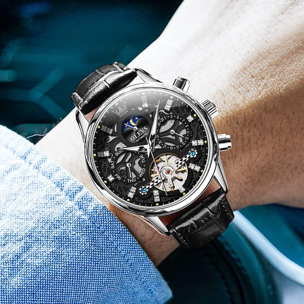 OLEVS Men'S Watch Leather Skeleton Automatic Mechanical Tourbillon Calendar Moon Phase Luminous Waterproof Luxury Business Wristwatch