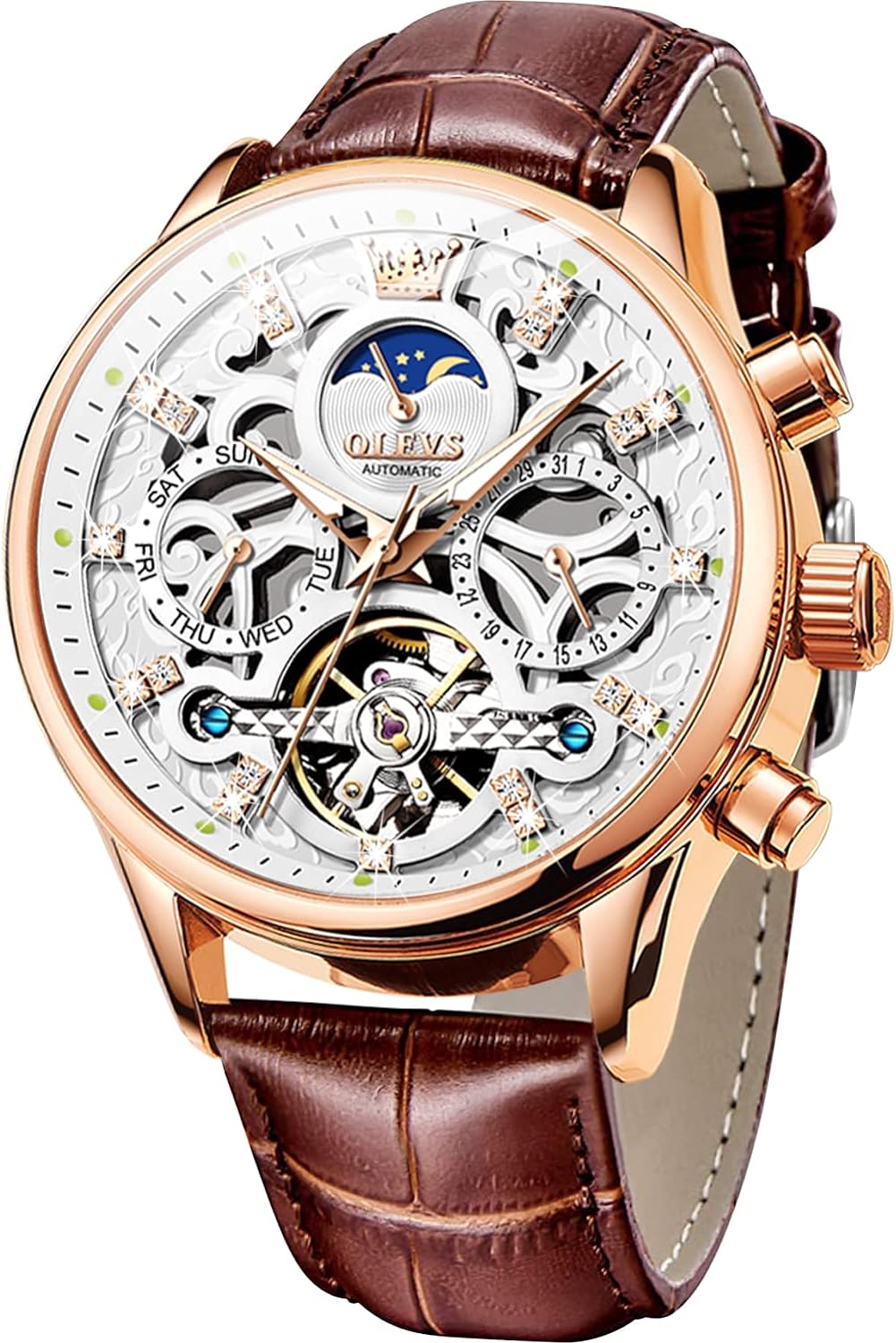 OLEVS Men'S Watch Leather Skeleton Automatic Mechanical Tourbillon Calendar Moon Phase Luminous Waterproof Luxury Business Wristwatch