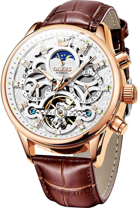 Men's Watch Leather Skeleton Automatic Mechanical Tourbillon Calendar Moon Phase Luminous Waterproof Luxury Business Wristwatch