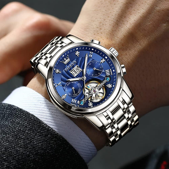 Men Automatic Watch Skeleton 5 Hands Mechanical Classic Luxury Multi Calendar Stainless Steel Waterproof Wrist Watch for Men