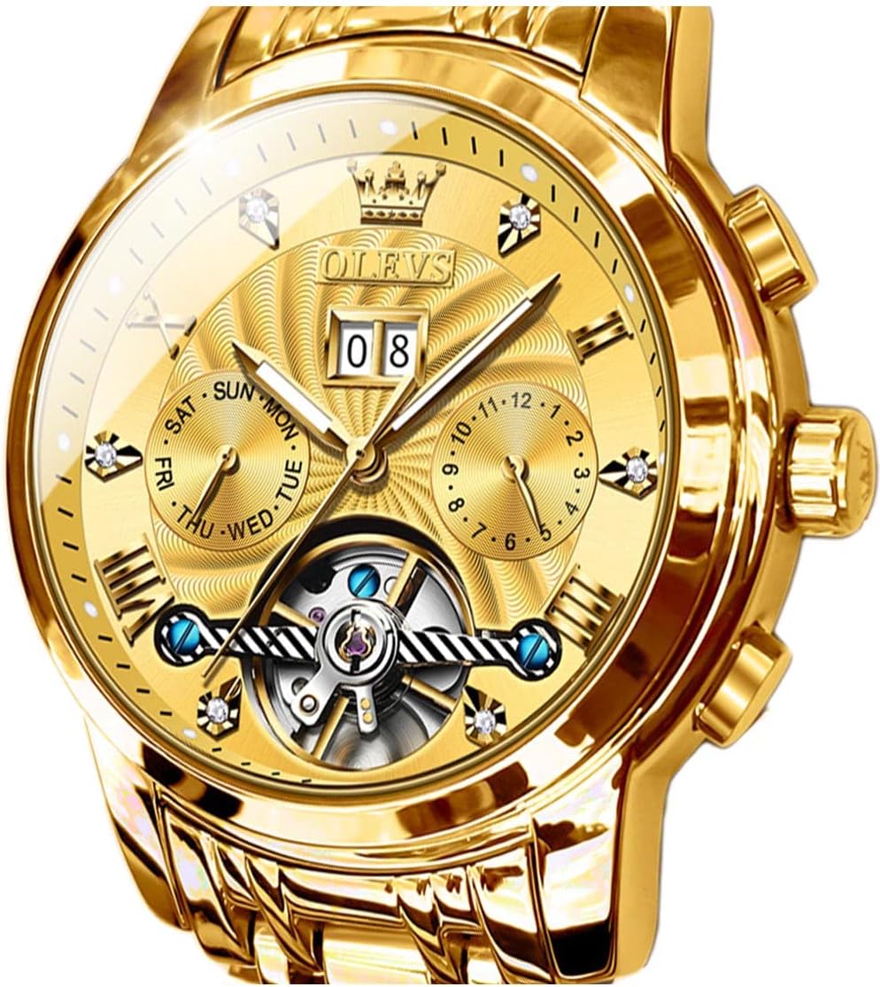 Men Automatic Watch Skeleton 5 Hands Mechanical Classic Luxury Multi Calendar Stainless Steel Waterproof Wrist Watch for Men