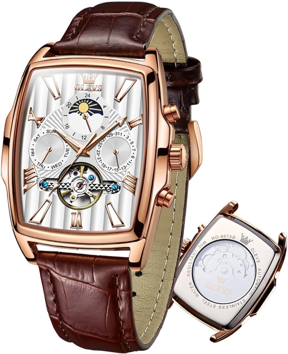 OLEVS Mens Automatic Watches Skeleton Retro Rectangle Tonneau Business Dress Leather Wrist Watch Moon Phase Luminous Waterproof