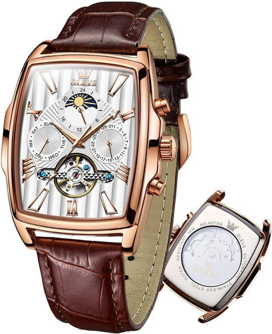 OLEVS Mens Automatic Watches Skeleton Retro Rectangle Tonneau Business Dress Leather Wrist Watch Moon Phase Luminous Waterproof