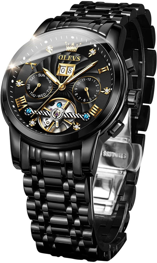 Men Automatic Watch Skeleton 5 Hands Mechanical Classic Luxury Multi Calendar Stainless Steel Waterproof Wrist Watch for Men