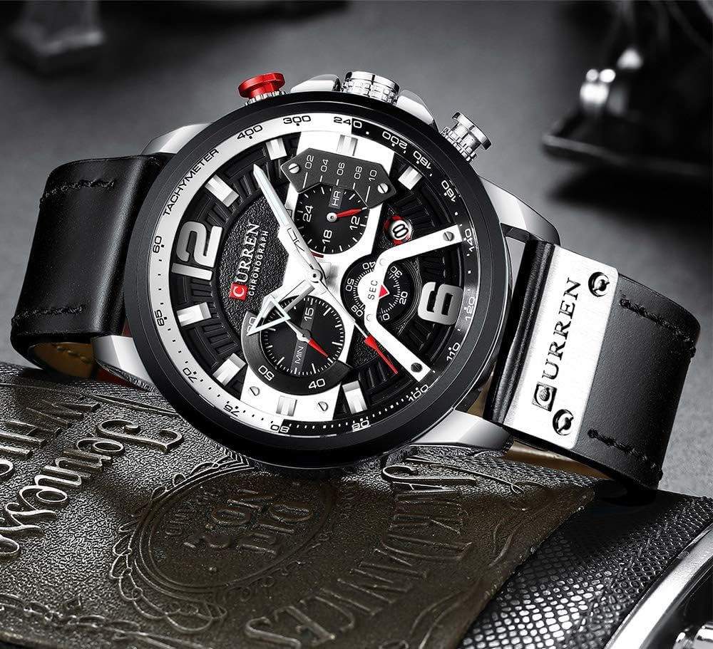 CURREN Mens Luxury Watches Business Chronograph Dress Waterproof Leather Strap Analog Quartz Wrist Watch