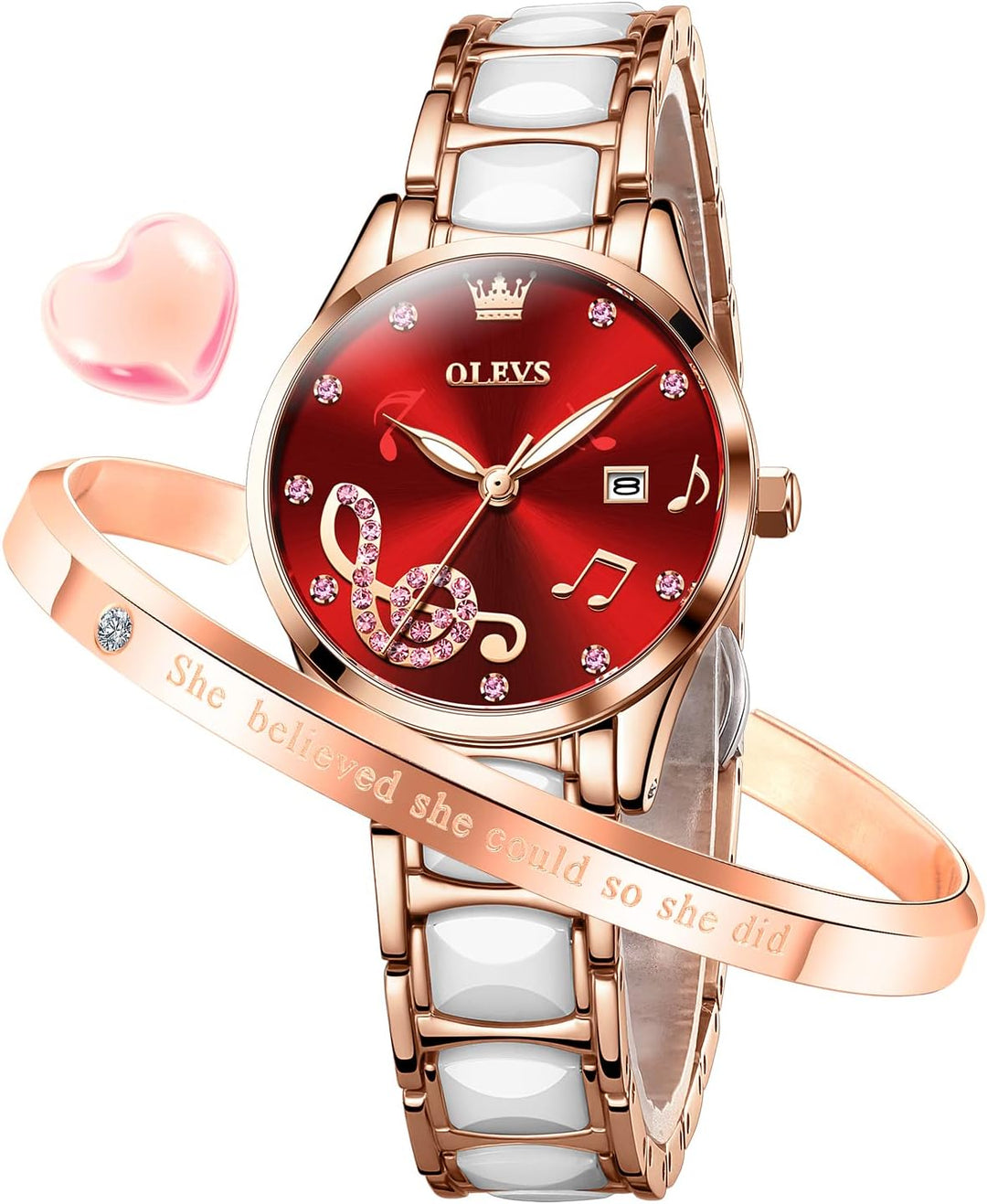 Womens Watch Rose Gold Fashion Elegant Ceramic Analog Quartz Ladies Wrist Watches Set Waterproof Luminous Diamond Dial Festival Gifts