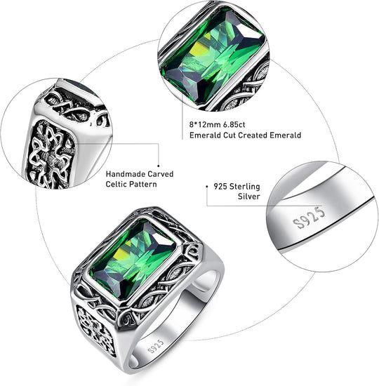 Mens 925 Sterling Silver 6.85Ct Simulated Emerald Ring