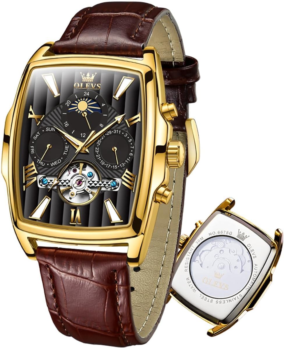 OLEVS Mens Automatic Watches Skeleton Retro Rectangle Tonneau Business Dress Leather Wrist Watch Moon Phase Luminous Waterproof