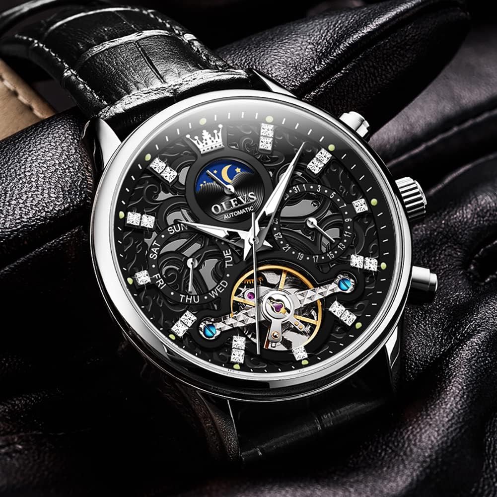 OLEVS Men'S Watch Leather Skeleton Automatic Mechanical Tourbillon Calendar Moon Phase Luminous Waterproof Luxury Business Wristwatch
