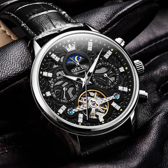 OLEVS Men'S Watch Leather Skeleton Automatic Mechanical Tourbillon Calendar Moon Phase Luminous Waterproof Luxury Business Wristwatch