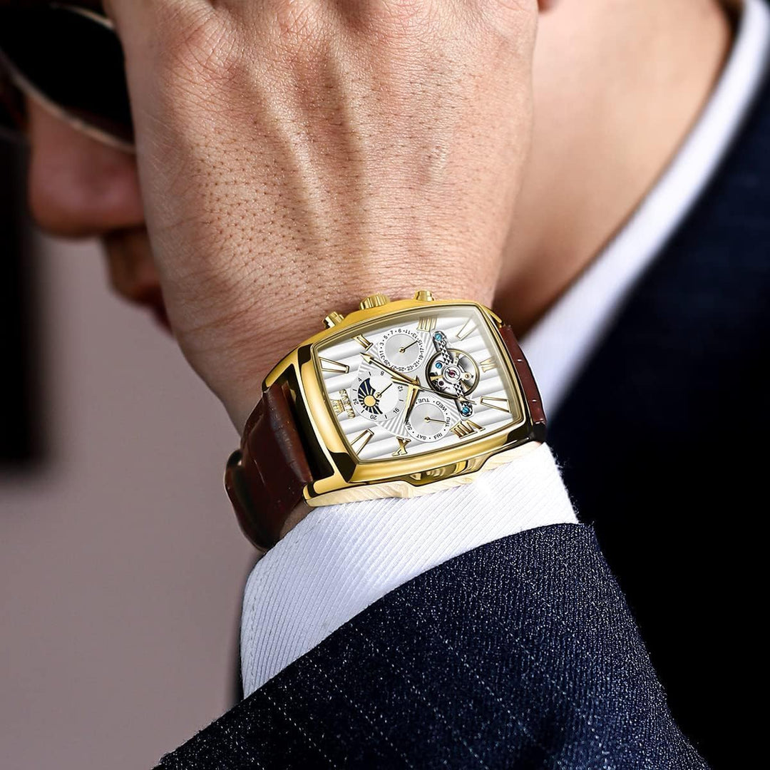 OLEVS Mens Automatic Watches Skeleton Retro Rectangle Tonneau Business Dress Leather Wrist Watch Moon Phase Luminous Waterproof