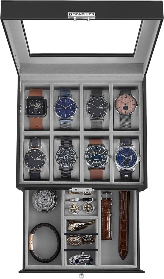 12-Slot Watch Box, Lockable Watch Case with Glass Lid, 2 Layers, with 1 Drawer for Rings, Bracelets, Gift Idea, Black Synthetic Leather, Gray Lining UJWB012