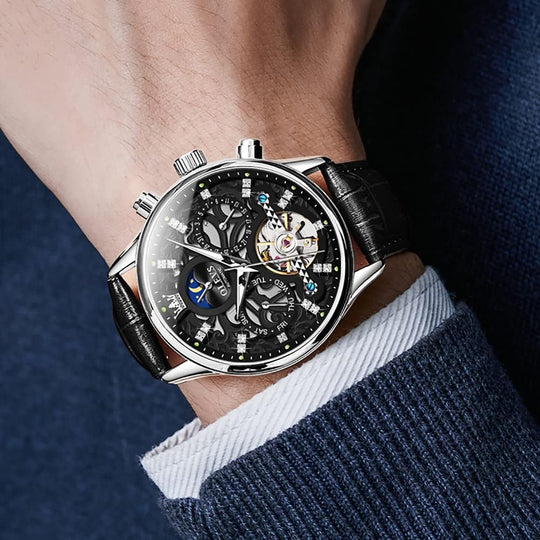 OLEVS Men'S Watch Leather Skeleton Automatic Mechanical Tourbillon Calendar Moon Phase Luminous Waterproof Luxury Business Wristwatch