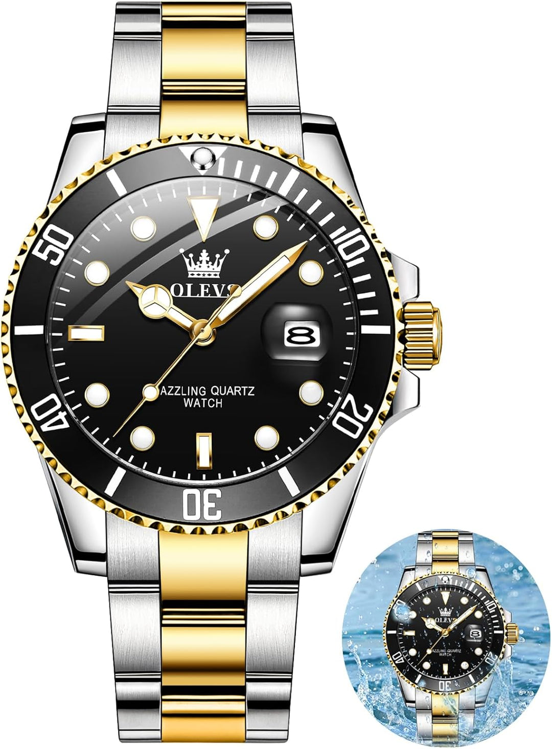 OLEVS Men'S Watches, Silver Dress Gold Classic Luxury Big Large Face Waterproof Quartz Analog Two Tone Stainless Steel Man Wrist Watch Men with Date Luminous Relojes De Hombre (Green/Blue/Black Dial
