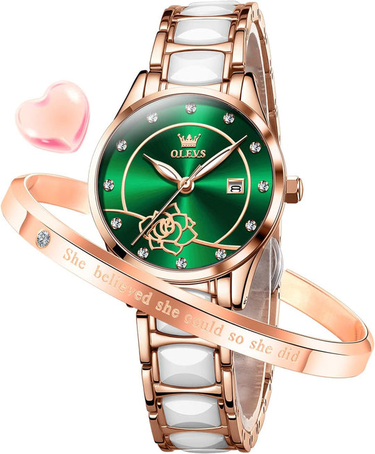 Womens Watch Rose Gold Fashion Elegant Ceramic Analog Quartz Ladies Wrist Watches Set Waterproof Luminous Diamond Dial Festival Gifts