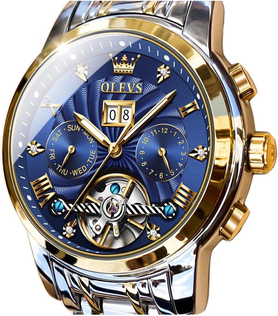 Men Automatic Watch Skeleton 5 Hands Mechanical Classic Luxury Multi Calendar Stainless Steel Waterproof Wrist Watch for Men