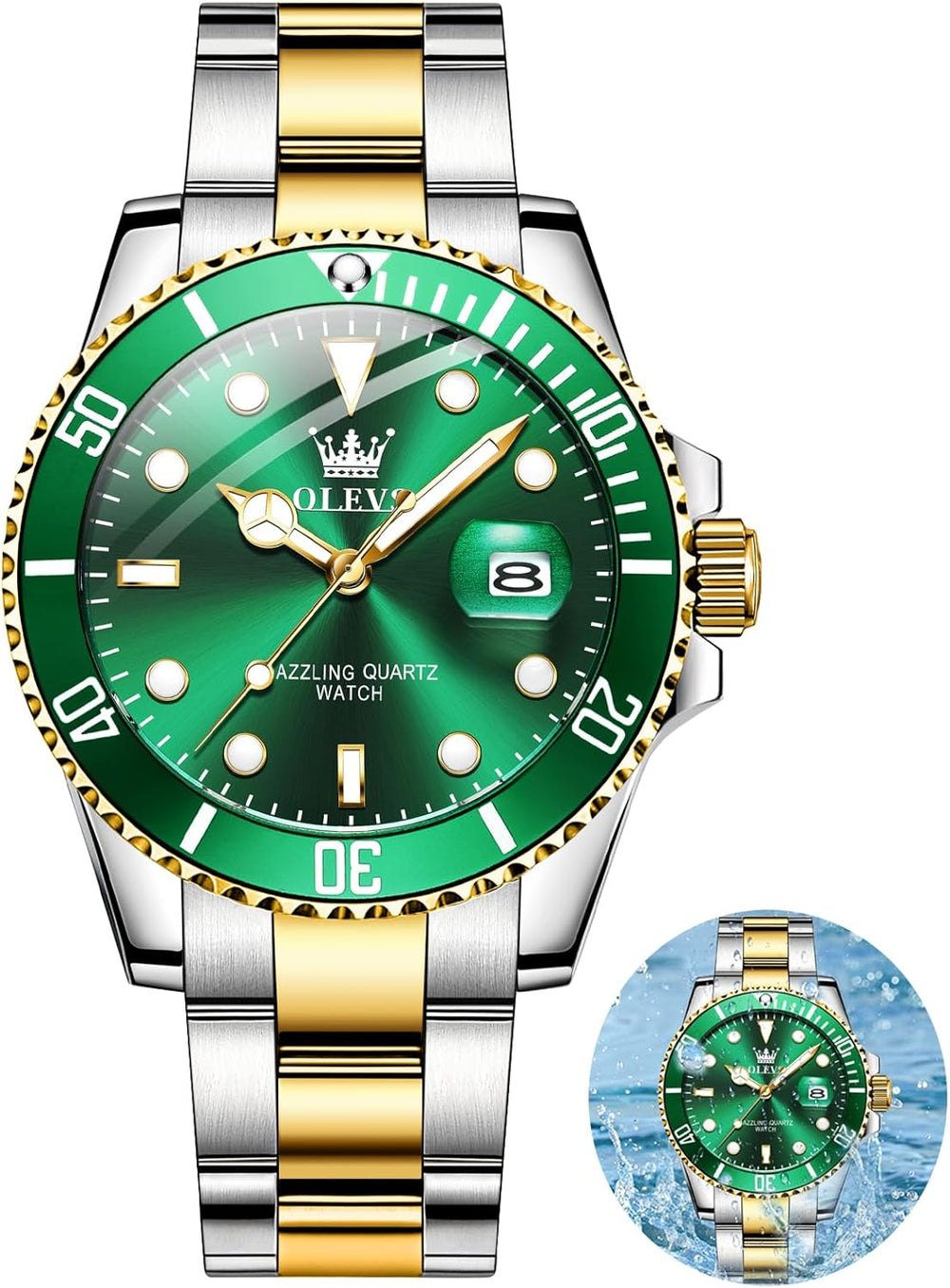 OLEVS Men'S Watches, Silver Dress Gold Classic Luxury Big Large Face Waterproof Quartz Analog Two Tone Stainless Steel Man Wrist Watch Men with Date Luminous Relojes De Hombre (Green/Blue/Black Dial