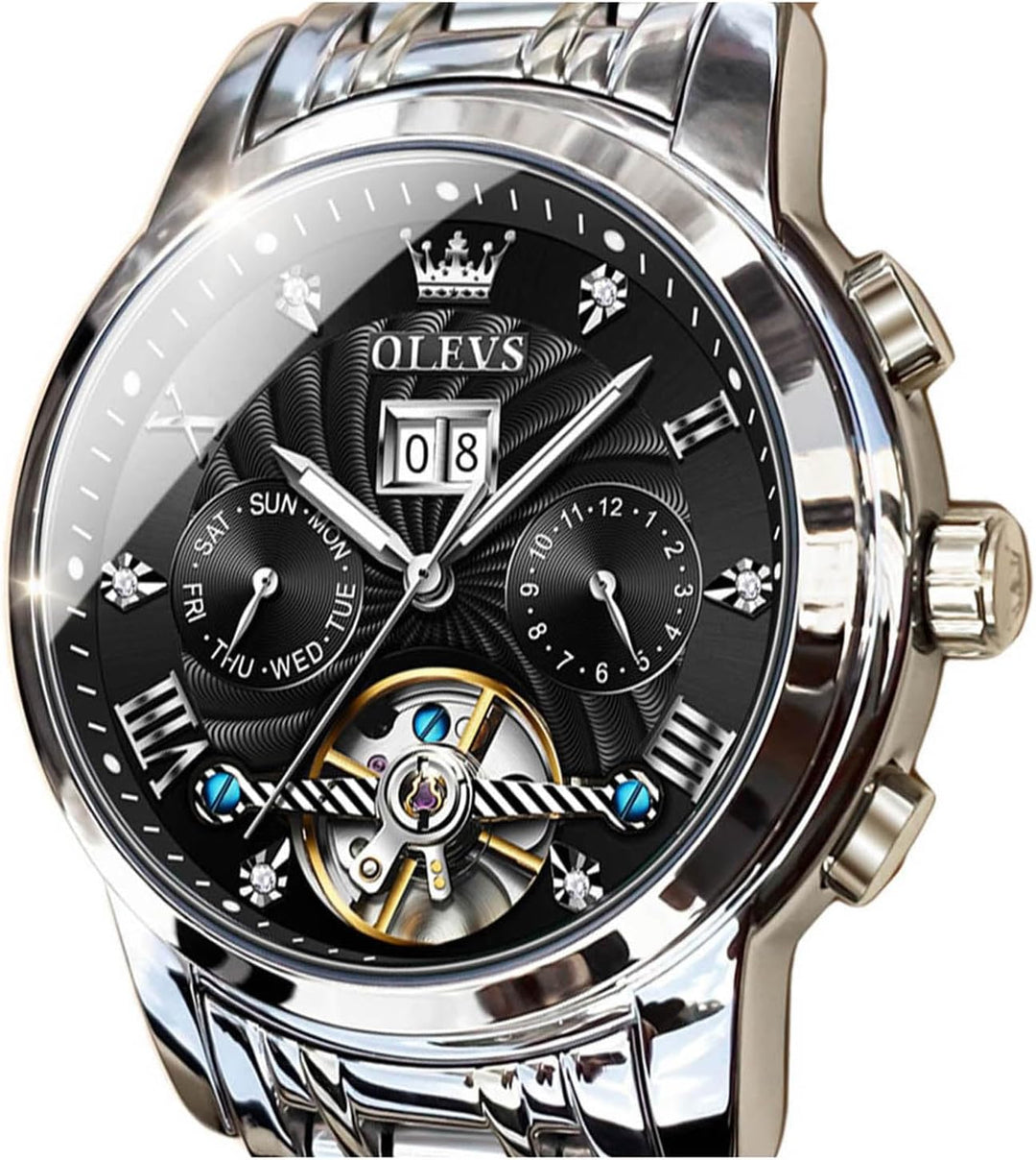 Men Automatic Watch Skeleton 5 Hands Mechanical Classic Luxury Multi Calendar Stainless Steel Waterproof Wrist Watch for Men