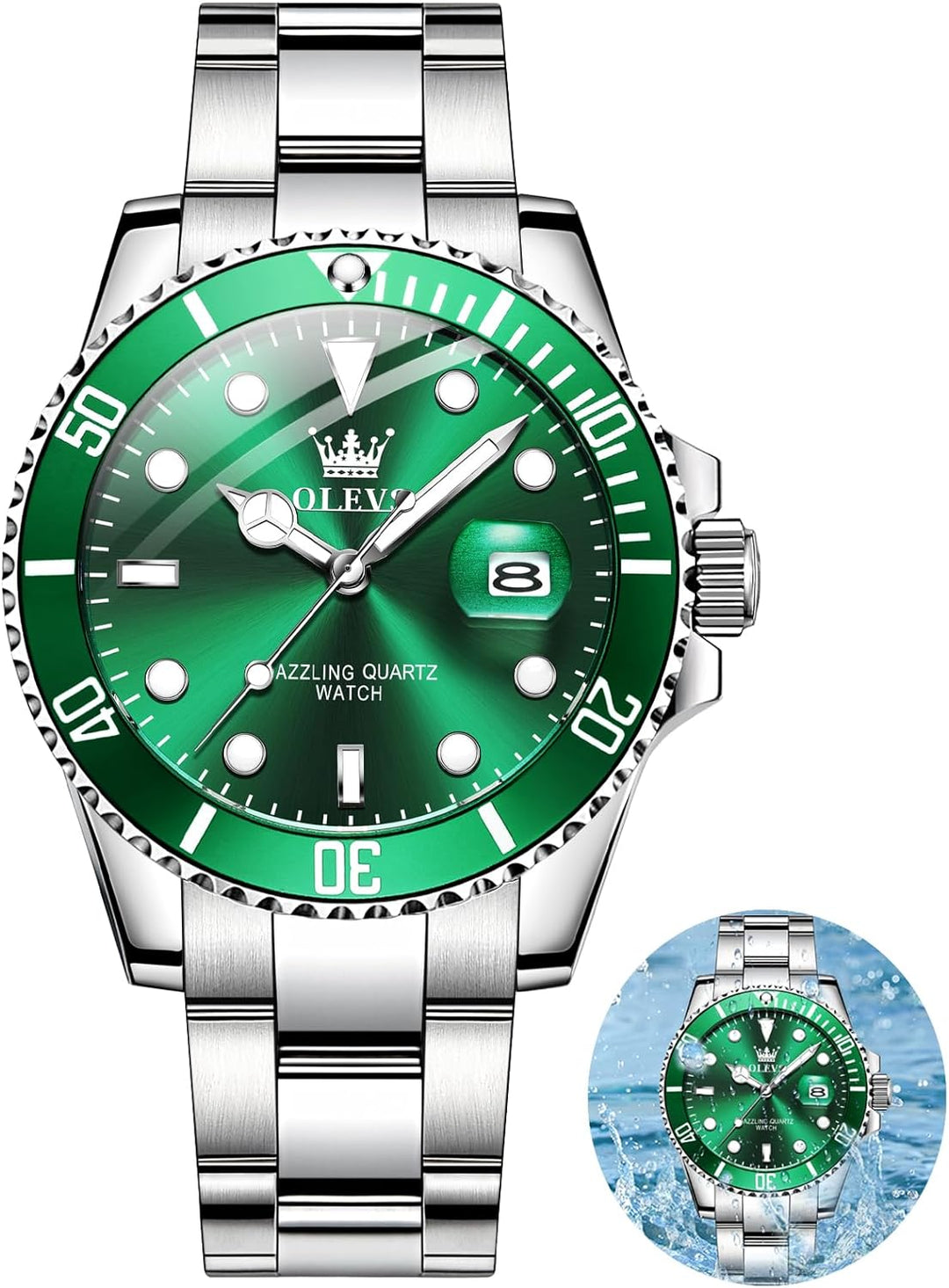 OLEVS Men'S Watches, Silver Dress Gold Classic Luxury Big Large Face Waterproof Quartz Analog Two Tone Stainless Steel Man Wrist Watch Men with Date Luminous Relojes De Hombre (Green/Blue/Black Dial