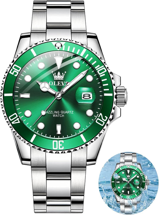 OLEVS Men'S Watches, Silver Dress Gold Classic Luxury Big Large Face Waterproof Quartz Analog Two Tone Stainless Steel Man Wrist Watch Men with Date Luminous Relojes De Hombre (Green/Blue/Black Dial