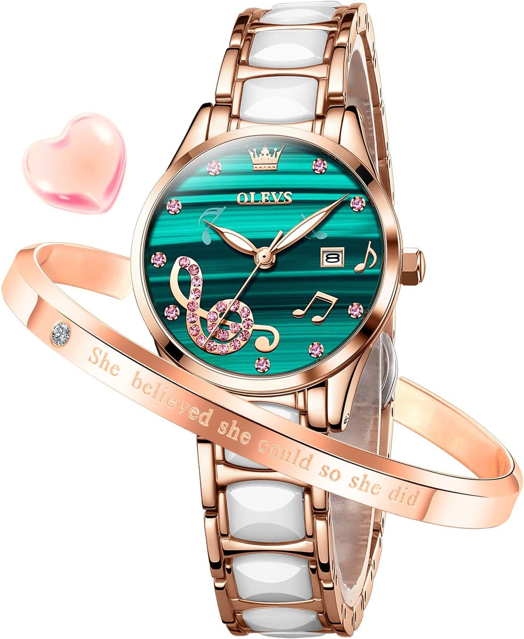 Womens Watch Rose Gold Fashion Elegant Ceramic Analog Quartz Ladies Wrist Watches Set Waterproof Luminous Diamond Dial Festival Gifts