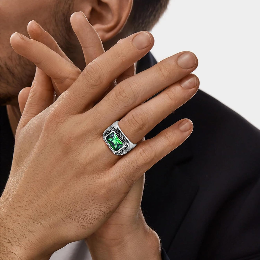 Mens 925 Sterling Silver 6.85Ct Simulated Emerald Ring