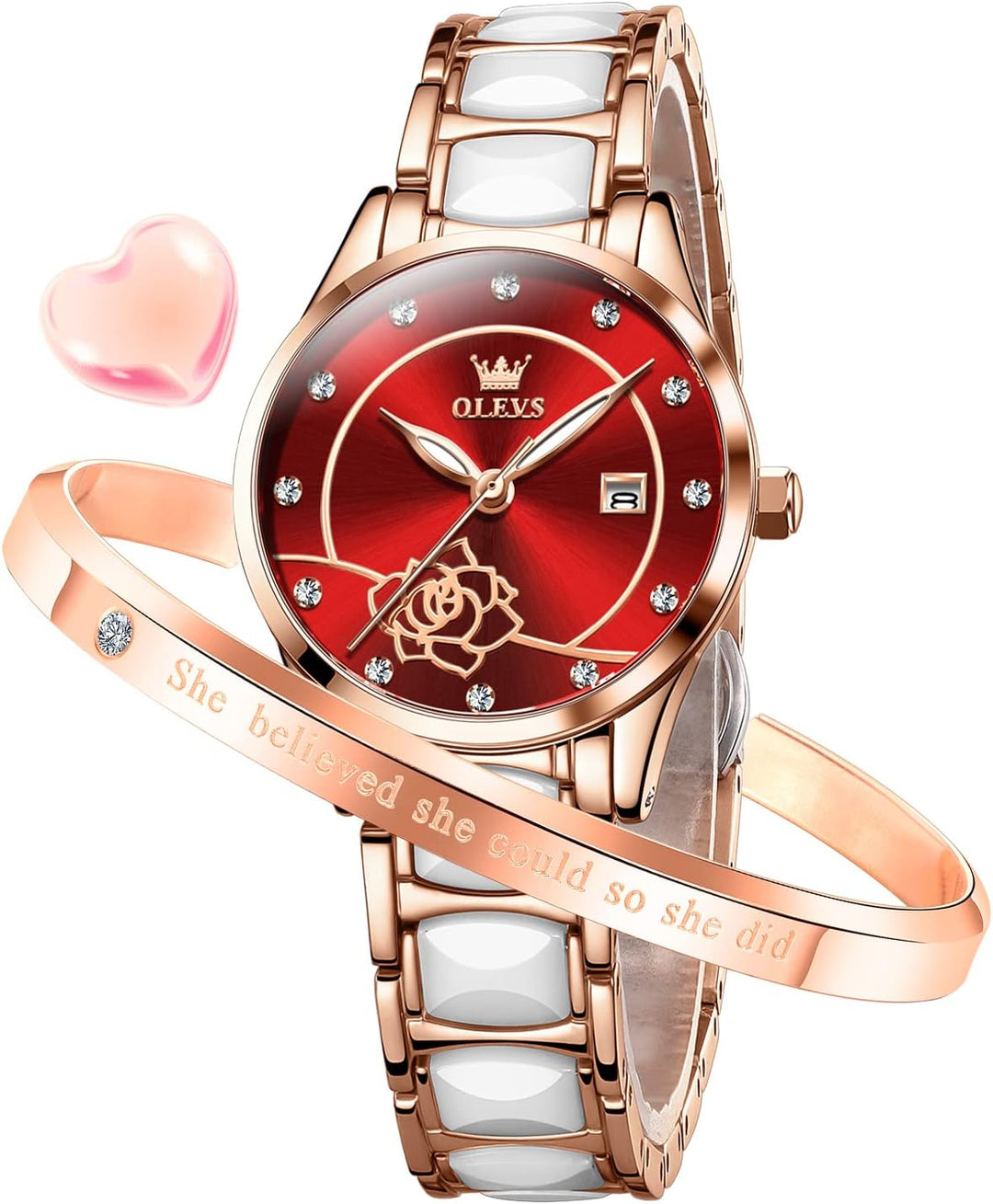 Womens Watch Rose Gold Fashion Elegant Ceramic Analog Quartz Ladies Wrist Watches Set Waterproof Luminous Diamond Dial Festival Gifts