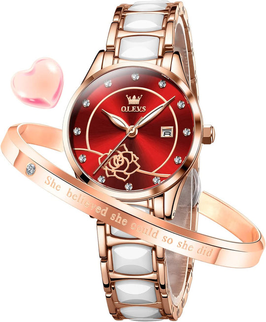 Womens Watch Rose Gold Fashion Elegant Ceramic Analog Quartz Ladies Wrist Watches Set Waterproof Luminous Diamond Dial Festival Gifts