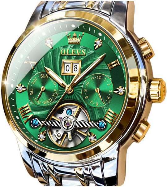 Men Automatic Watch Skeleton 5 Hands Mechanical Classic Luxury Multi Calendar Stainless Steel Waterproof Wrist Watch for Men