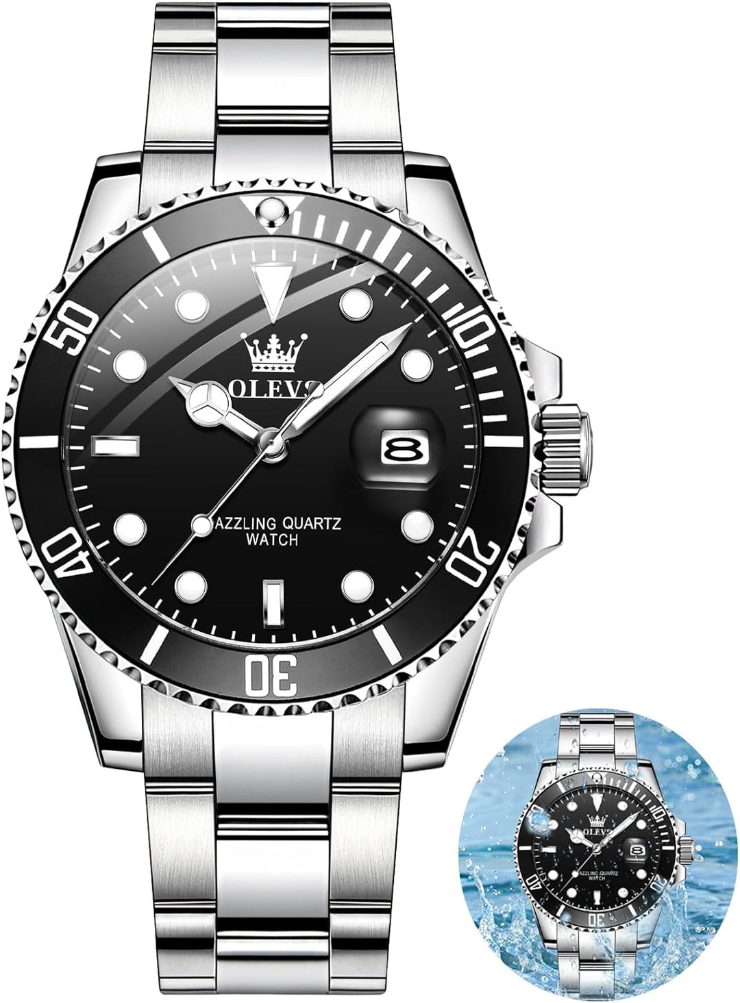 OLEVS Men'S Watches, Silver Dress Gold Classic Luxury Big Large Face Waterproof Quartz Analog Two Tone Stainless Steel Man Wrist Watch Men with Date Luminous Relojes De Hombre (Green/Blue/Black Dial