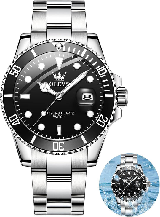 OLEVS Men'S Watches, Silver Dress Gold Classic Luxury Big Large Face Waterproof Quartz Analog Two Tone Stainless Steel Man Wrist Watch Men with Date Luminous Relojes De Hombre (Green/Blue/Black Dial
