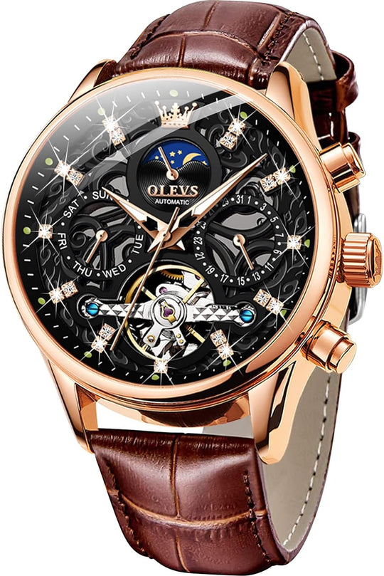 OLEVS Men'S Watch Leather Skeleton Automatic Mechanical Tourbillon Calendar Moon Phase Luminous Waterproof Luxury Business Wristwatch