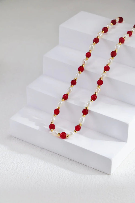 Red Beaded with Baroque Pearl Necklace