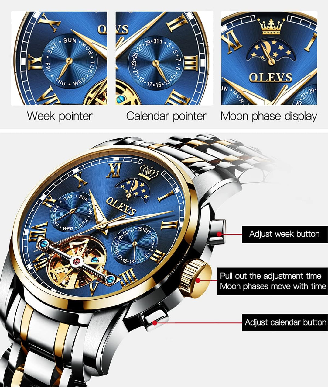 OLEVS Men'S Automatic Mechanical Skeleton Watch Luxury Dress Blue Dial Waterproof Self Winding Moon Phase Stainless Steel Luminous Tourbillon Wrist Watches for Men
