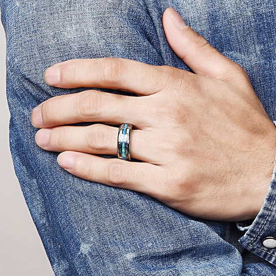 Mens Real Blue/Green Opal and Abalone Tungsten Ring