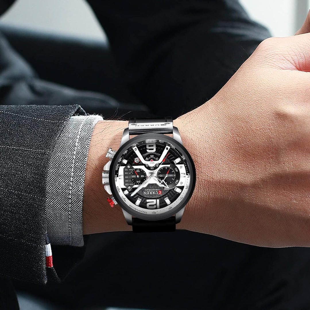 CURREN Mens Luxury Watches Business Chronograph Dress Waterproof Leather Strap Analog Quartz Wrist Watch