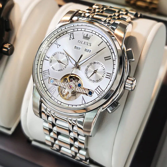 OLEVS Men'S Watches Automatic Mechanical Business Wristwatch Waterproof Stainless Steel Strap Watch for Man Skeleton Calendar