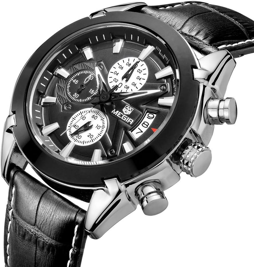 Chronograph Quartz Watch for Men Fashion Sports Leather Strap Wristwatch Waterproof Analog Watches with Luminous Hands