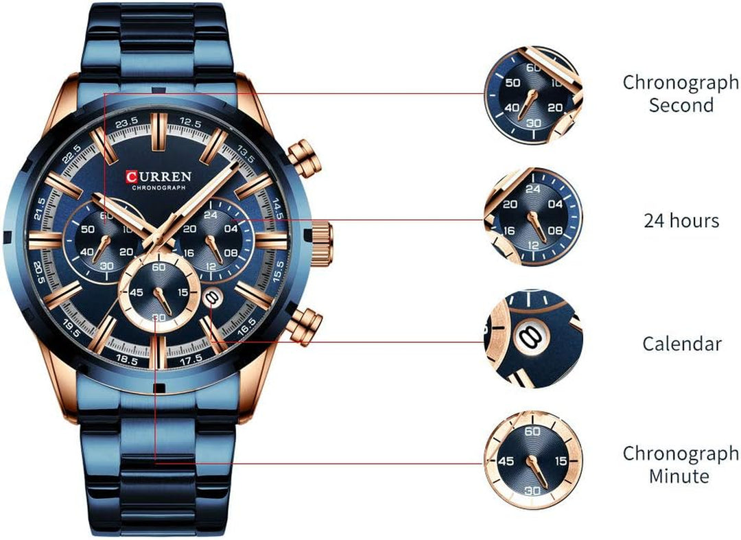 Mens Watch Sport Quartz Chronograph Wristwatches with Luminous Hands Fashion Stainless Steel Clock Date