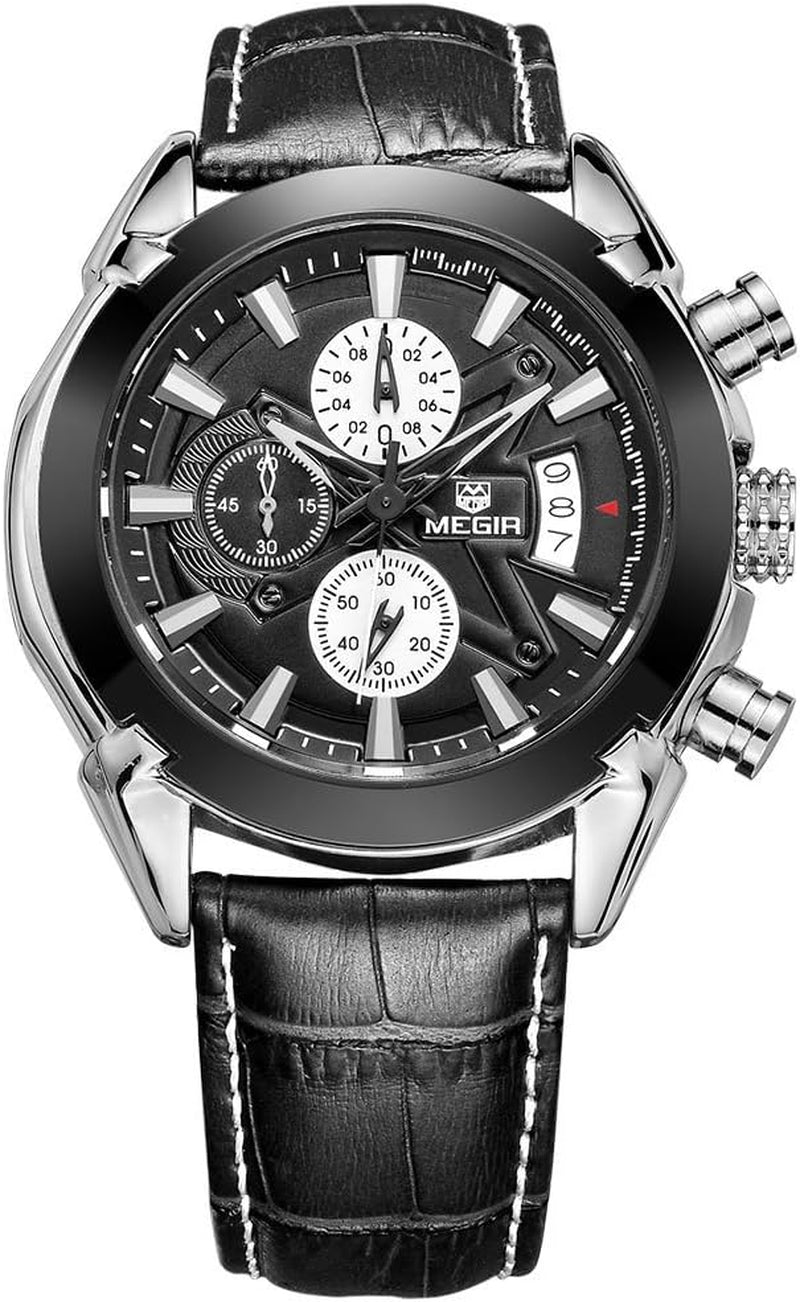 Chronograph Quartz Watch for Men Fashion Sports Leather Strap Wristwatch Waterproof Analog Watches with Luminous Hands