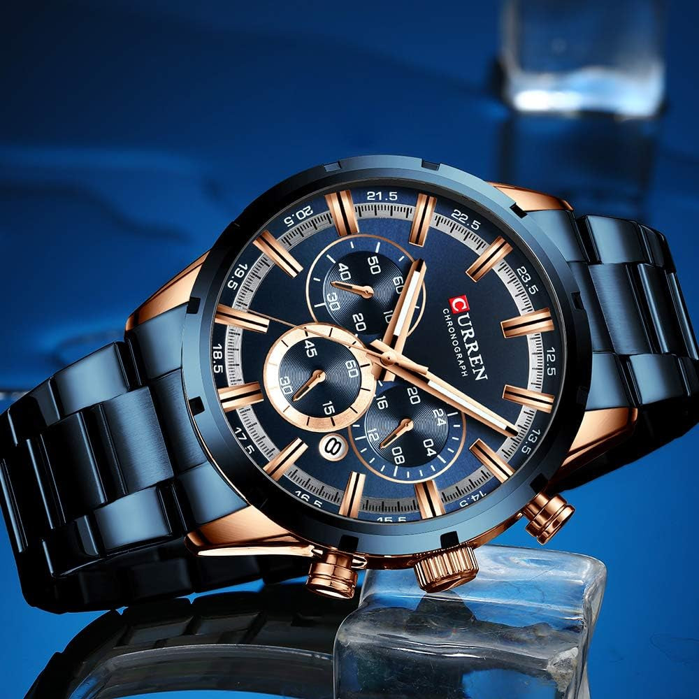 Mens Watch Sport Quartz Chronograph Wristwatches with Luminous Hands Fashion Stainless Steel Clock Date