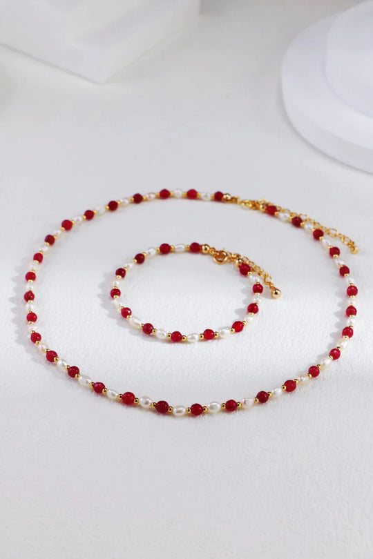 Red Beaded with Baroque Pearl Necklace